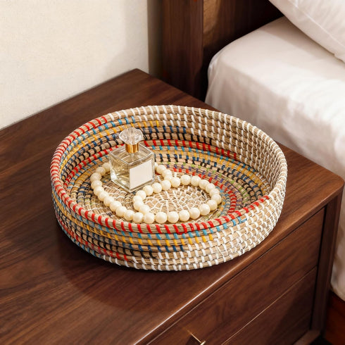12'' SOUJOY Woven Seagrass Serving Tray, Rattan Serving Tray, Handmade Round Ottoman Fruit Tray, Colorful Coffee Table