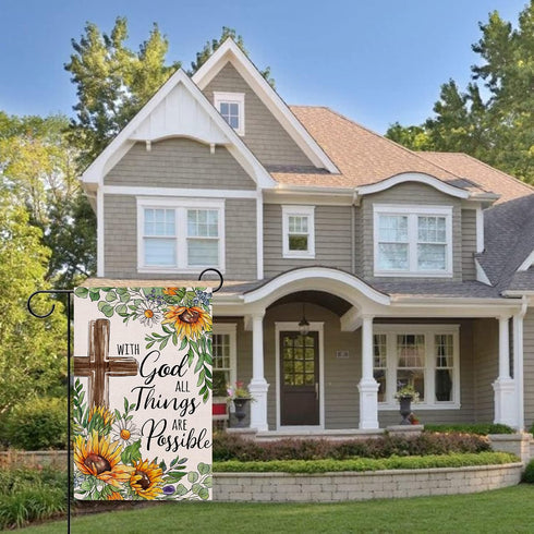 With God All Things Are Possible Christian Decorative Garden Flag | Religious Cross Sunflower Outdoor Décor