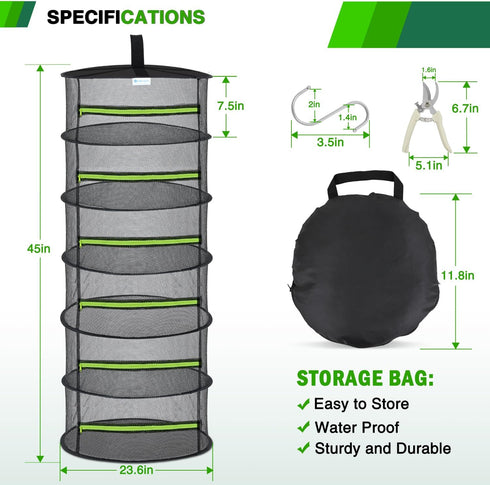6 24" Closet 2 Yesker Layer Herb Drying Rack Hanging Mesh Net Foldable Plant Drying Racks w Green Zipper Pruning Shears
