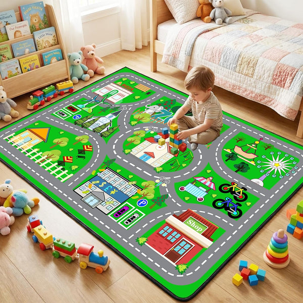 Car Rug Play Mat - Green Road Rug for Kids Boys Room,