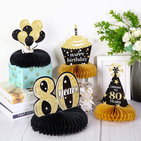 Outus 8 Pcs 80th Birthday Table Decorations, Black Gold Honeycomb Centerpieces for 80 Years Anniversary