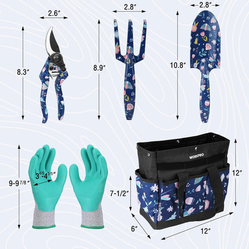 WORKPRO 5PCS Garden Tool Set, Heavy Duty Aluminum Tools with Garden Tool Bag, Blue Insect and Flower