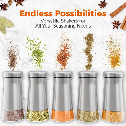 HOME EC Salt and Pepper Shakers Set, Adjustable Pour Holes, Glass and Stainless Steel Spice Dispenser