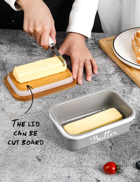 Butter Dish with Lid for Countertop, AISBUGUR Metal Butter Keeper with Stainless Steel Knife, Large Grey Container