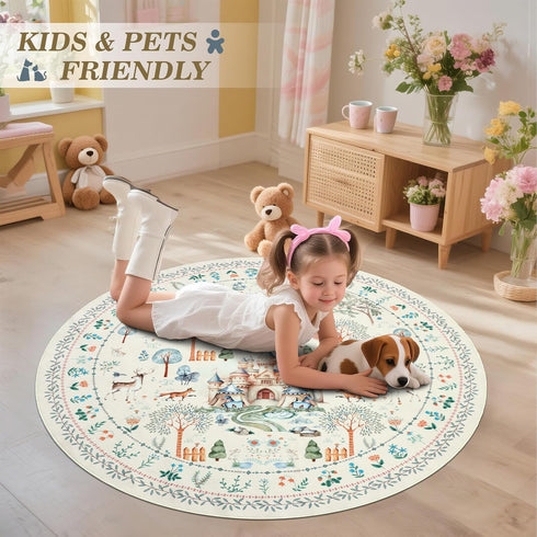 5Ft nesrt Washable Area Rugs Round for Living Room Non Slip, Beige Dragon Forest Circle Dining Room Rugs Low Pile, Soft