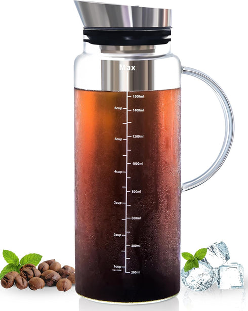 Aquach Cold Brew Coffee Iced Tea Maker & Fruit Pitcher, Large Capacity 51 Ounces with Glass Carafe and Steel Infuser