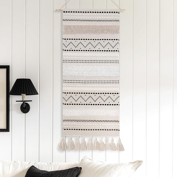 BlissBlush Long Vertical Wall Hanging Tapestry Woven Boho Farmhouse Decor Black Beige