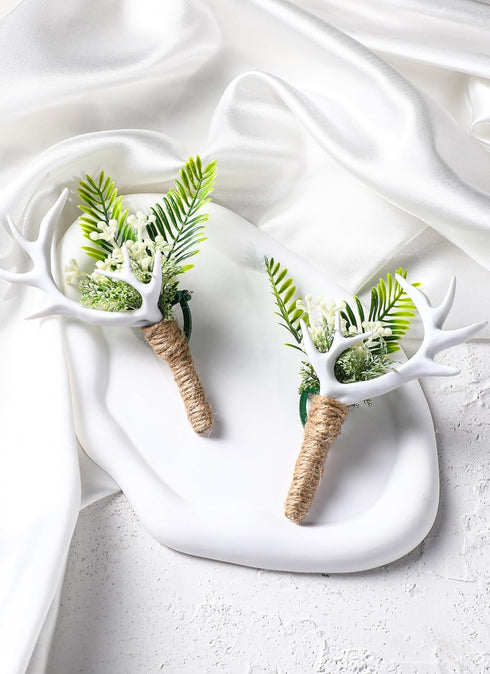Woodland Boutonniere Set for Men - 2PC Handmade Greenery Corsage, White Antler for Wedding, Groomsmen, Formal Events
