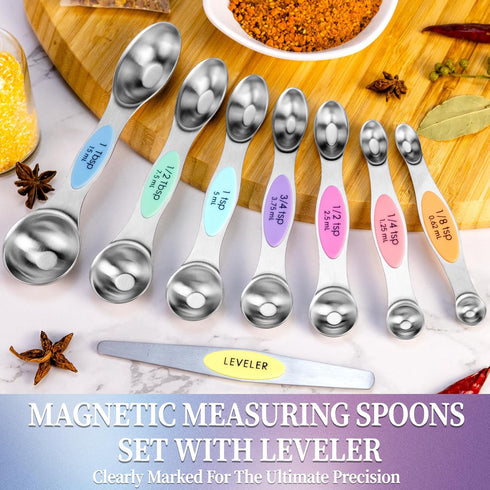 Magnetic Measuring Spoons Set of 8, Stainless Steel Dual Sided for Dry and Liquid Ingredients