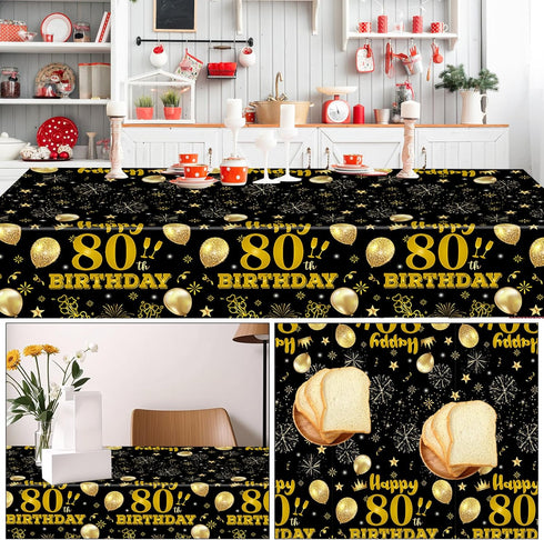 2 Pack 80th Tablecloths,54 108 inch Birthday x Disposable Black and Gold Plastic Waterproof Rectangular Table Covers