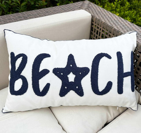Nautical Style Embroidered Beach Throw Pillow Cover, White, 20" x 12"