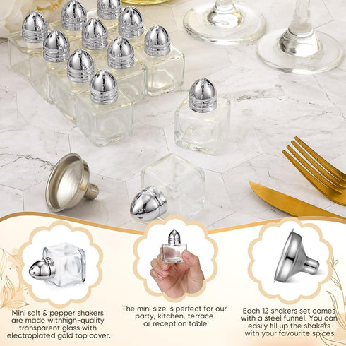 Uiifan 24 Pcs 0.5 oz Clear Mini Glass Salt and Pepper Shakers with Tone Tops, Spice Jars with Funnel for Kitchen