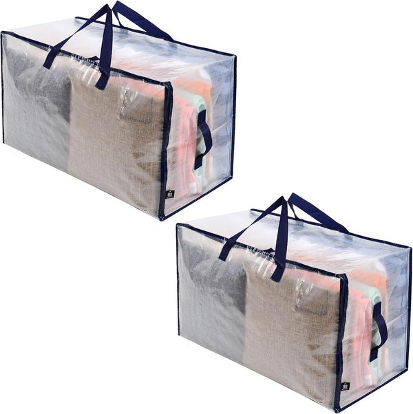 VENO 2 Pack Moving Bags, Heavy Duty Storage Boxes with Lids, Extra Large Dorm Organizer Tote (Clear)