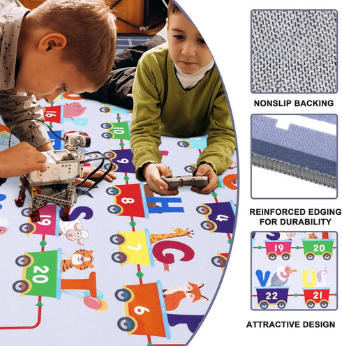 5x7Ft, 5'x7') HiiARug Playroom Rug, Train and Road Kids Play Mat Non-Slip ABC Rug Educational Washable Rugs