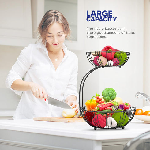 RICCLE Double Layer Metal Wire Fruit Basket with Banana Hanger for Kitchen Countertop, Produce and Vegetables Holder
