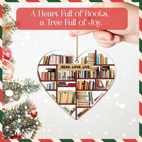 Book Lovers Gifts for Women-Book Ornament Heart Shaped Bookshelf Christmas Decoration with Read Love Live Quote Gifts