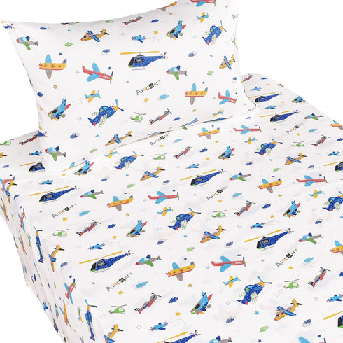 J-pinno Set 100% Set Plane Airplane Aircraft Helicopter Cartoon Twin Sheet Bedroom Decoration Gift Cotton Flat Sheet +