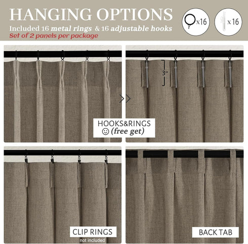 Pinch 54 Inch 2 Set, Custom Heavy Linen Pleated Kitchen Curtains Panels Dark Tan Boho Memory Trained Privacy Short