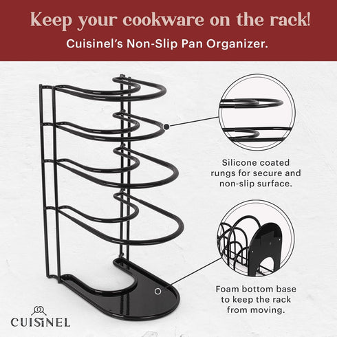 Cuisinel Pan Organizer - Heavy Duty 15" Silicone-Coated Non-Slip Skillet Rack for Kitchen Storage