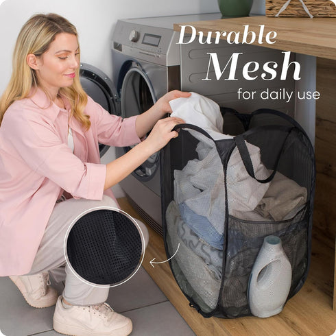 Handy Laundry Collapsible Mesh Pop Up Hamper, Wide Opening with Side Pocket - Sturdy, Foldable Design (Black | 2-Pack)