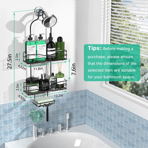 Hanging Bathroom Shower Caddy, 3-Tier Organizer with Soap Holder & 6 Hooks for Towels, Fits 21mm Shower Head Arm