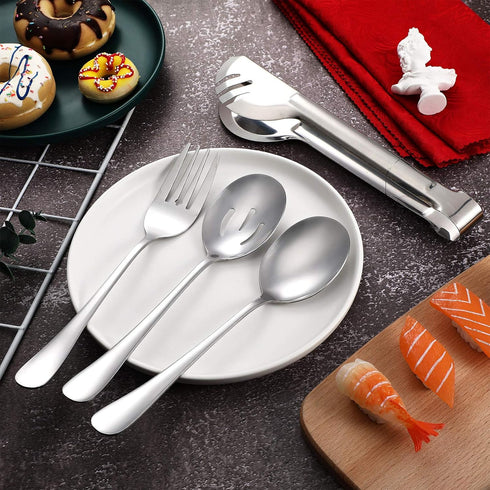 Patelai 15 Pieces Stainless Steel Serving Utensils Set 8.7" Large Serving Spoons Slotted Spoon 9.45" Tong 9" Serving Forks Buffet Flatware for Kitchen Catering Banquet Wedding Party (Silver)