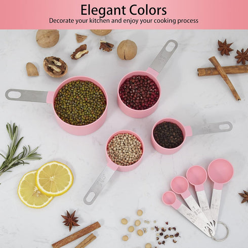 Huygens Measuring Cups and Spoons Set, 10 Pieces, Stackable Stainless Steel Handle, Pink for Dry and Liquid Ingredients