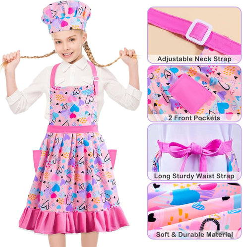 MHJY Kids Apron Hat Set for Girls Vintage Pleated Skirt Aprons Adjustable Kitchen Apron with Pockets for Baking Cooking