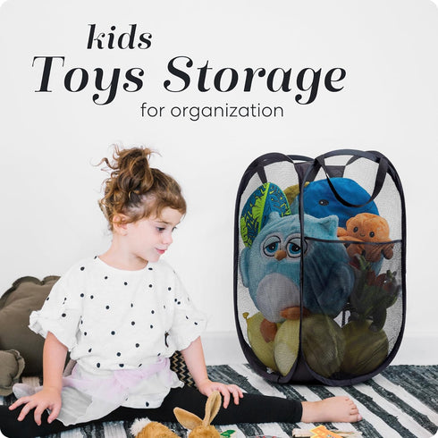 Handy Laundry Collapsible Mesh Pop Up Hamper, Wide Opening with Side Pocket - Sturdy, Foldable Design (Black | 2-Pack)