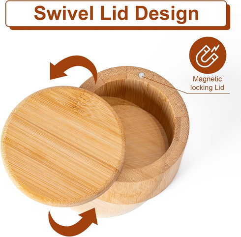 Husfunov 6 Bamboo Salt Cellar, Magnetic Swivel Lid Salt Box, Round Container for Storing Pepper Sugar Herbs, Ounce