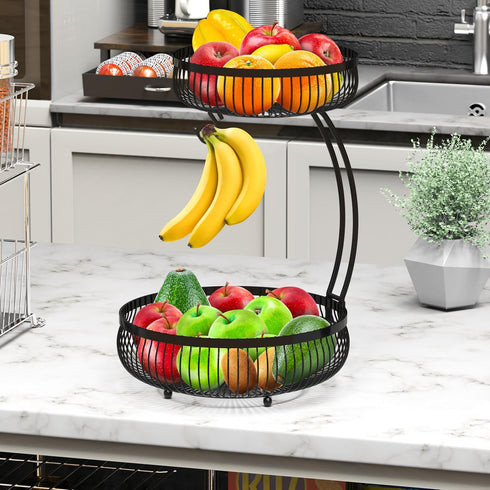 Simple Houseware 2-Tier Countertop Fruit Basket with Banana Hanger, Black by Simple Houseware