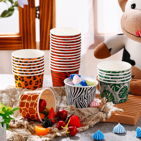 9 oz (50 Paper Ice Cream Cups Disposable Dessert Bowls Jungle Animal Theme Ice Cream Bowls Zoo Animal Print Snack Cups