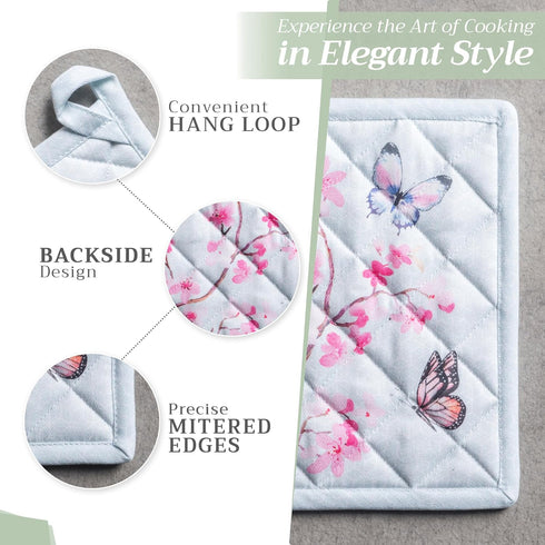 Maison d' Hermine Oven Mitt & Pot Holder Set - 100% Cotton, Heat Resistant BBQ Cooking Gloves (Blossoms In Spring)
