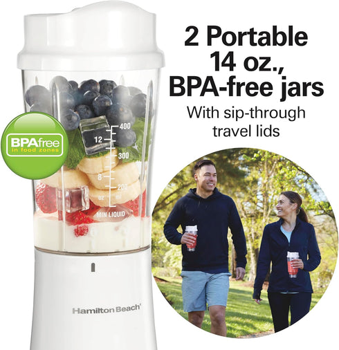 Hamilton Beach Portable Blender for Shakes and Smoothies, 14 Oz BPA Free Travel Cup, 2 Jars, White (51102V)