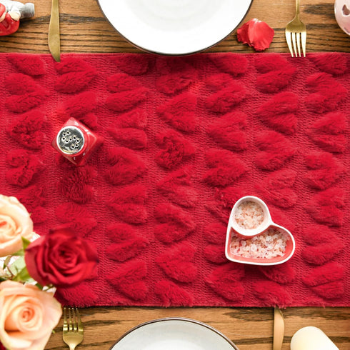 13x72 Inch Artoid Mode Red Soft Plush Faux Fur Jacquard Heart Valentine's Day Table Runner, Seasonal Kitchen Dining