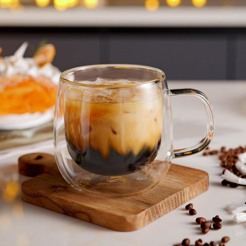 12oz Mugs(4-pack),Large CNGLASS Double Walled Glass Coffee Clear Coffee Cups with Handle,Glass Espresso Mugs