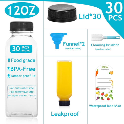 HEWASME 30Pcs 12 Oz Plastic Juice Bottles with Caps,Clear Reusable Water Bottle & Tamper Proof Lids,Juice