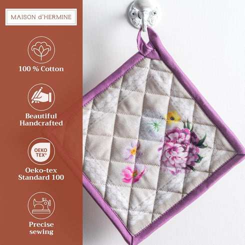 Maison d' Hermine Pot Holders Set of 2, 100% Cotton Heat Resistant Potholders 8" x 8" for BBQ, Cooking, Baking, Pivoine