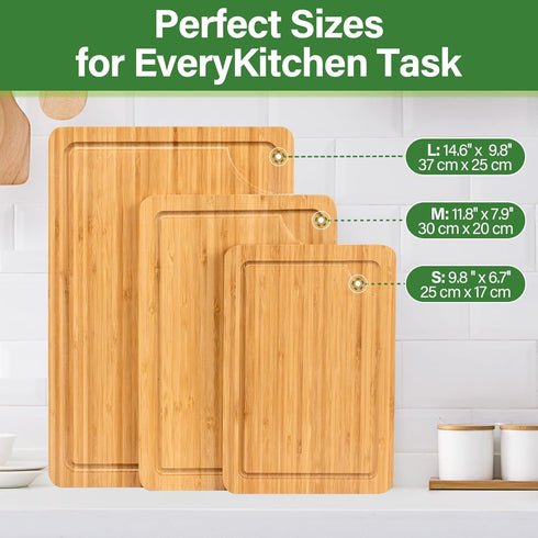 Set 3 Bamboo Cutting Board For Kitchen, Bamboo Cutting Board of with Juice Groove, Double-Sided Chopping Board Serving