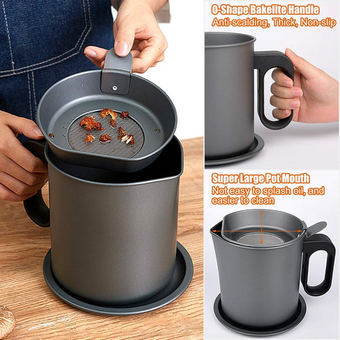 MORDEN MS Bacon Grease Container: 1.7L Grease Saver with Strainer, Iron Cooking Oil Can, Gray