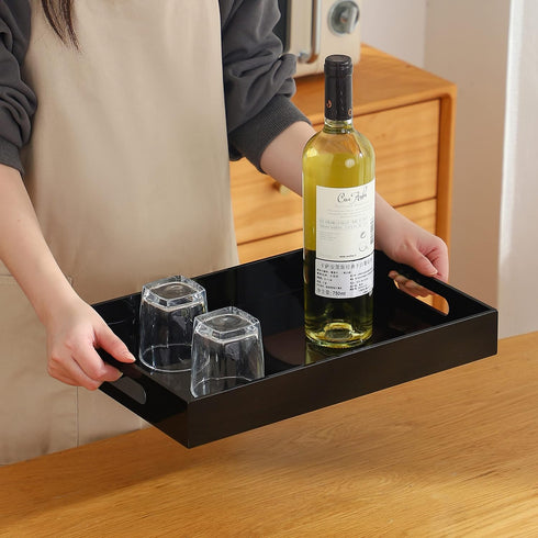 Black Oversize Acrylic Serving Tray with Handles 10x15 Inch - Decorative Trays for Countertop Organizer