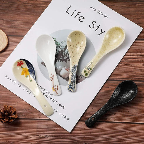 6 Pieces Japanese Retro Ceramics Soup Spoons, Asian Chinese Serving Spoons for Ramen, Noodles, Wonton