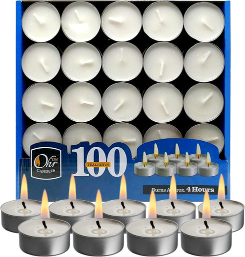 OHR CANDLES Tealight Candles – 100 Pack Bulk Unscented Tea Lights, White, 4 Hour Burn Time