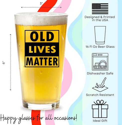 COOL AF Old Lives Matter Beer Glass - 16 Oz Funny Scratch Resistant Glass - Gag Gifts for Men, Birthday or Father’s Day