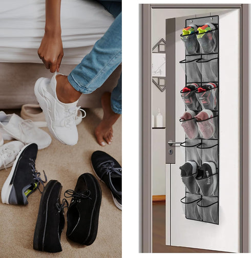 Over The Door Shoe Organizer, 14 Large Mesh Pockets Hanging Shoe Rack for Closet, Gray, 2-Pack