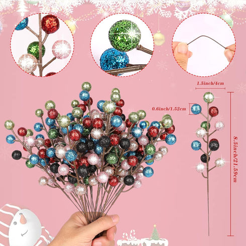 24 Pack HOHOTIME Artificial Berry Stems Branches, Christmas Faux Holly Colorful Berries Branches Ornaments