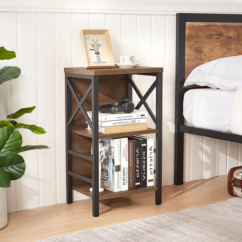 Small Bookcase, 3 Tier Industrial Short Bookshelf with Metal Frame, Rustic Brown Low Bookshelf for Small Spaces