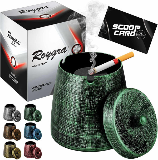 roygra Ashtray with Lid, Windproof Smokeless Metal Ashtray, Medium Size Green (4.39 x 3.54 x 3.54’’)