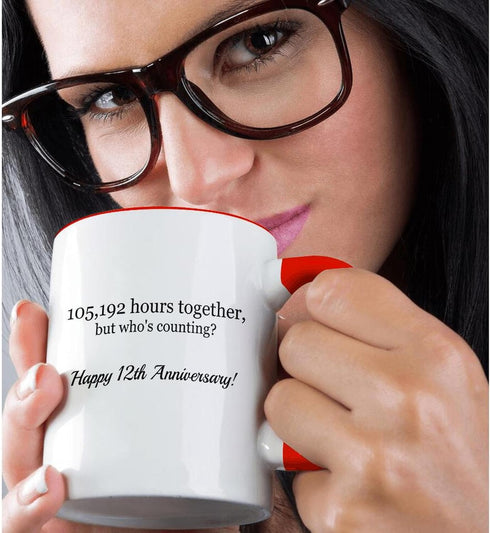 3dRose "Happy 12Th Anniversary - 105192 Hours Together" Two Tone Red Mug, 11 oz