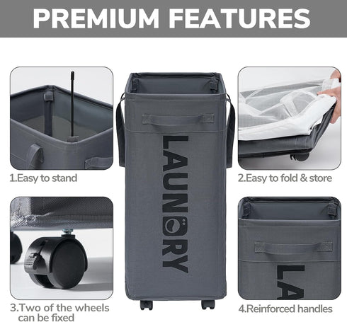 Goodpick Laundry Basket with Wheels, 75L Collapsible Large Laundry Hamper, Slim Laundry Basket with Removable Wash Bag for Corner Dorm, Rolling Laundry Basket with Handles, Grey by Goodpick